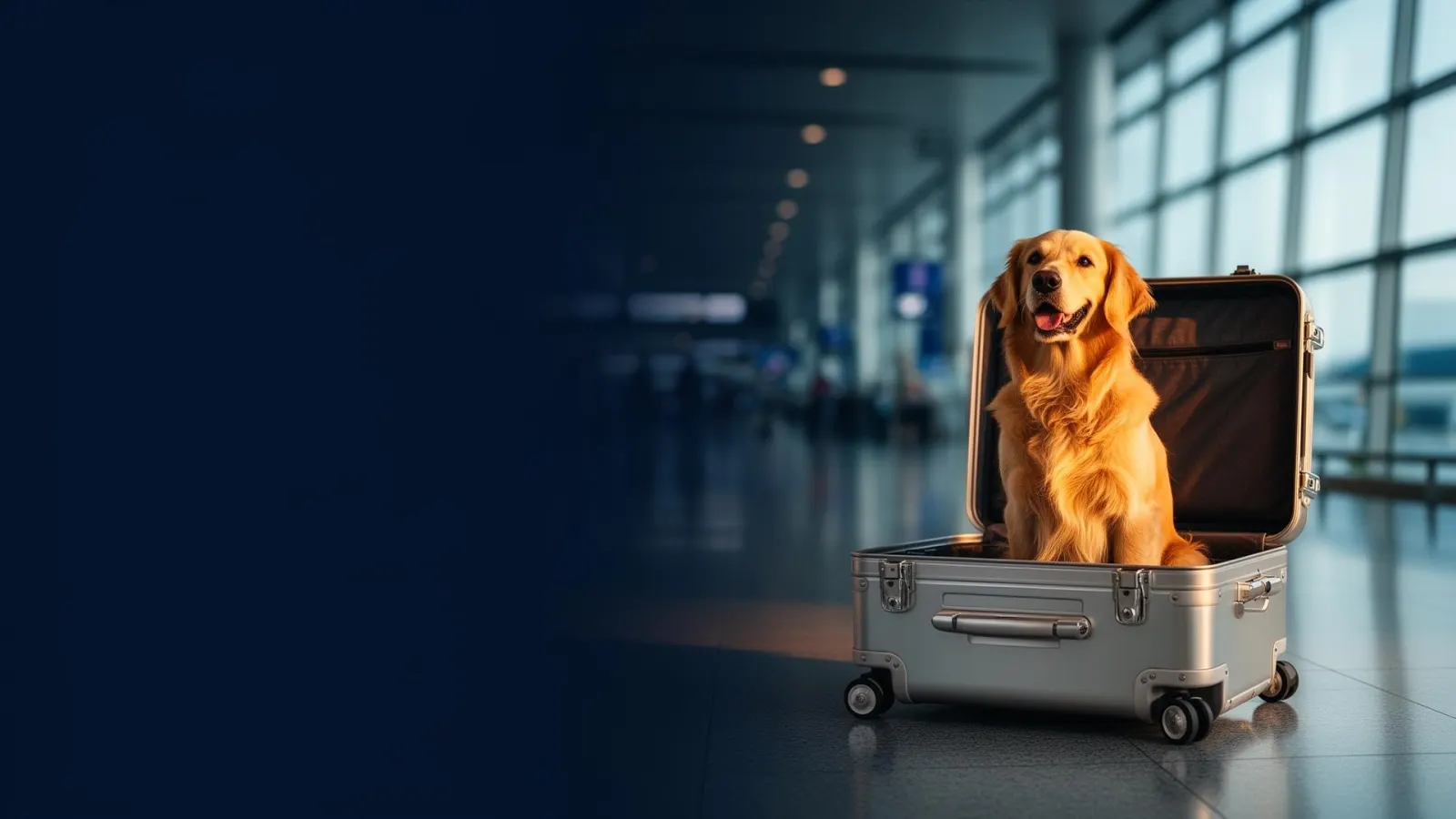 Golden retriever ready for travel at an airport